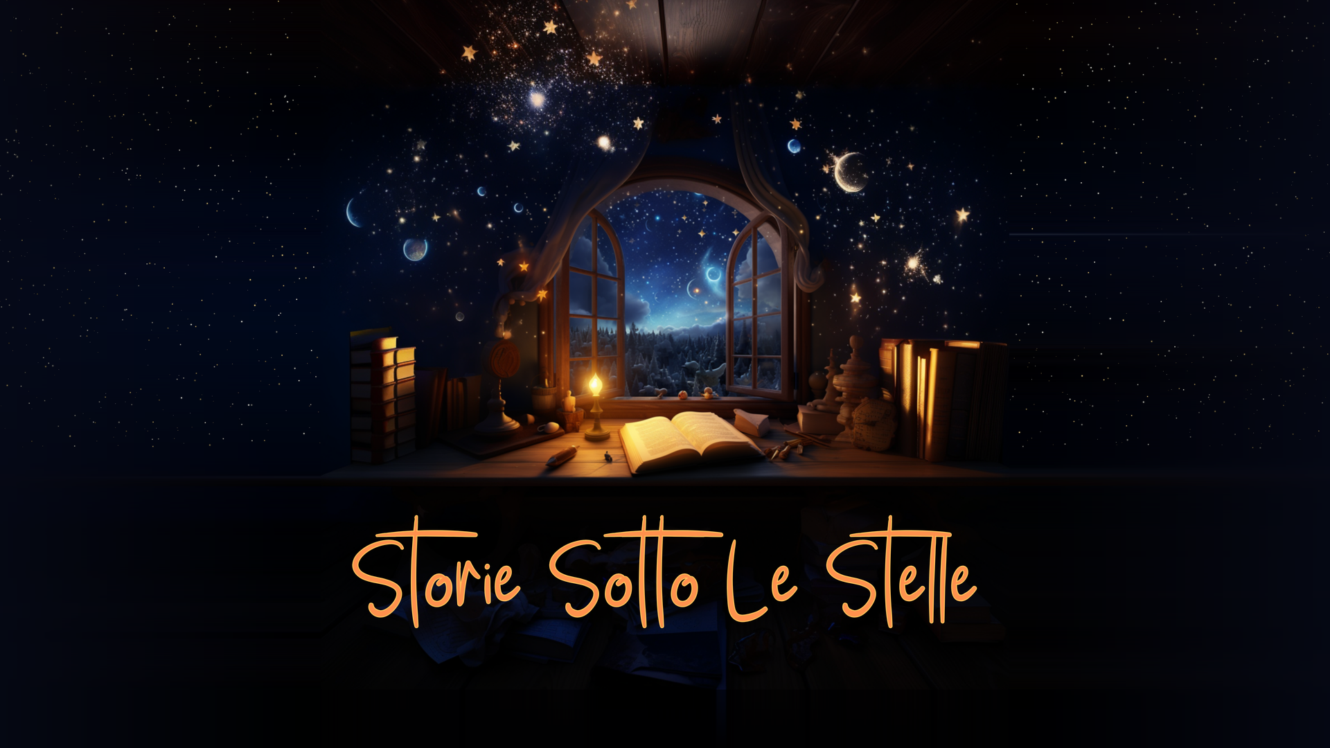 Cosy candlelit attic study with an open storybook beneath a starry night sky — Storie Sotto Le Stelle.