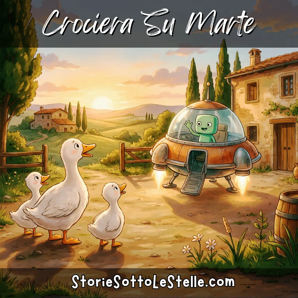 Illustration of a mother duck and two ducklings travelling on a cruise towards Mars.