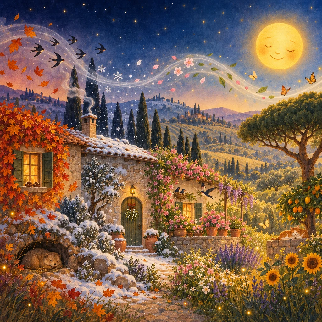 Illustration of a country house where autumn, winter, spring and summer meet, under a smiling moon.