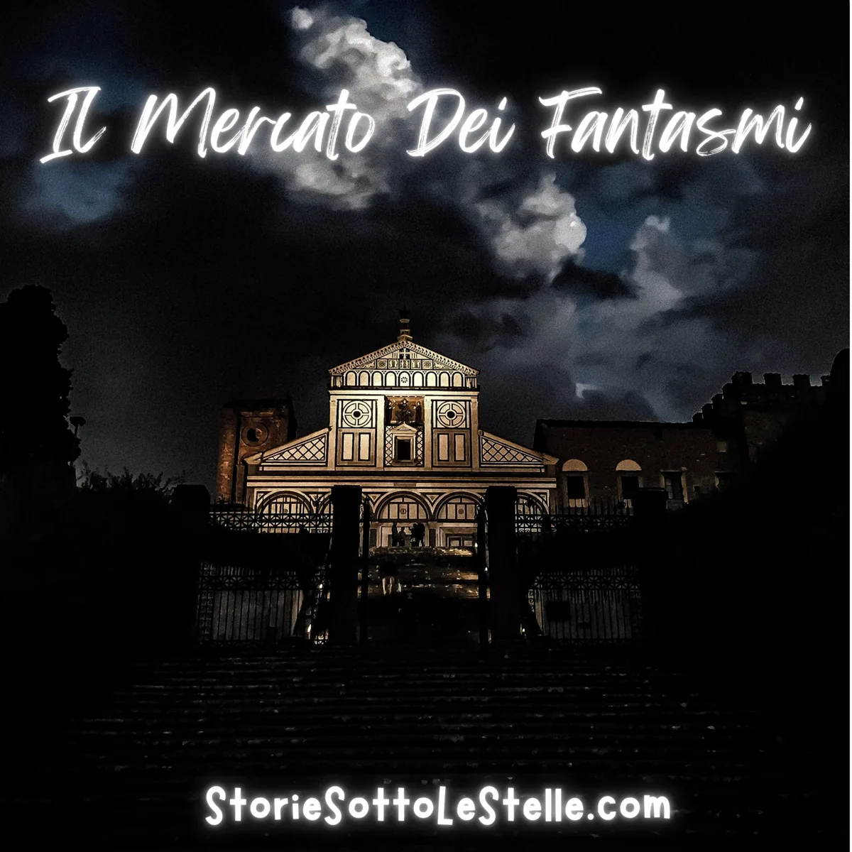 Illustration of a ghost market at dusk above the rooftops of Florence near a bell tower.