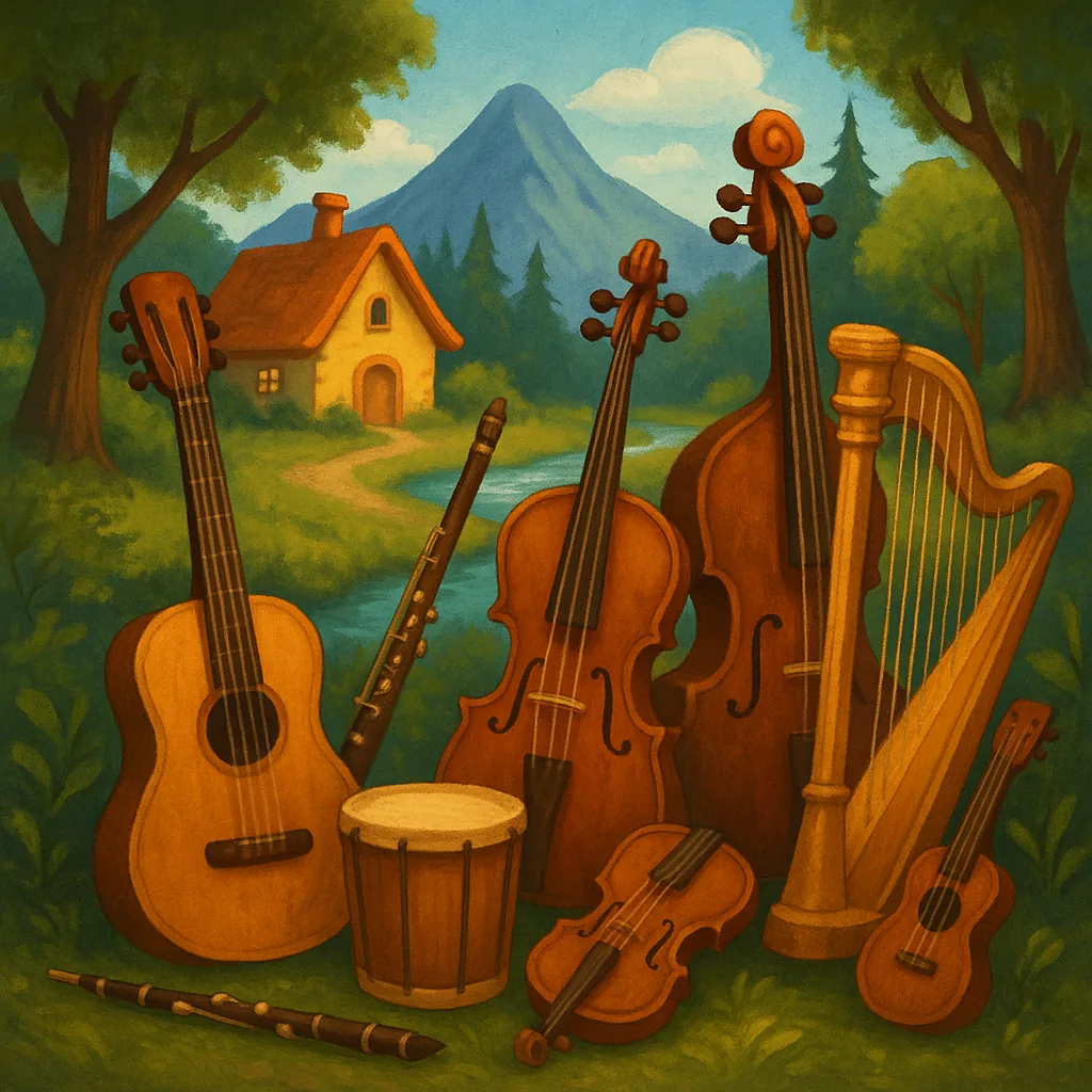 Illustration of handmade wooden musical instruments beside a stream and a great forest.