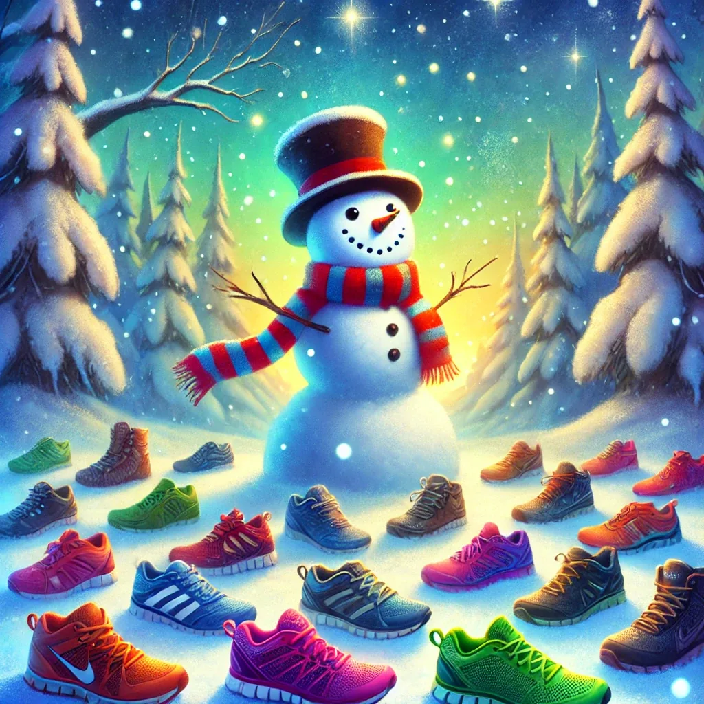 Illustration of a tribe of lively trainers journeying through winter snow and spring meadows.