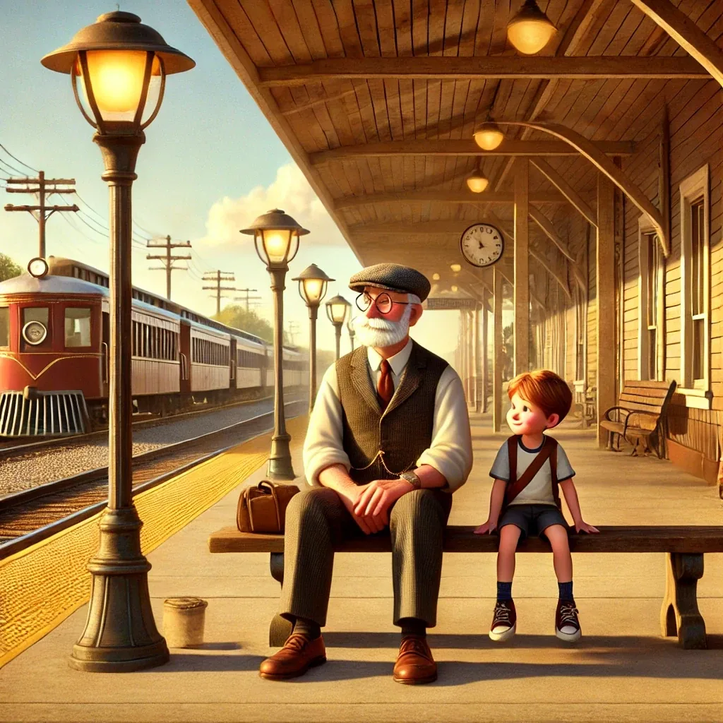 Illustration of a grandfather and grandson on a wooden platform waiting for a train.
