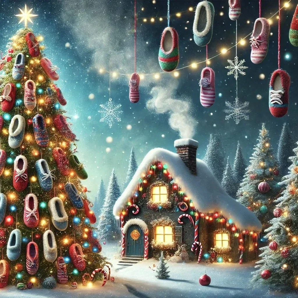 Illustration of a magical fountain in a snowy town square at Christmas with glowing slippers.