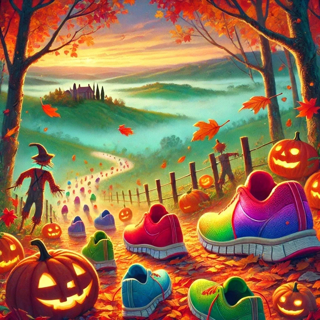 Illustration of a tribe of trainers setting off on an autumn adventure through misty fields.
