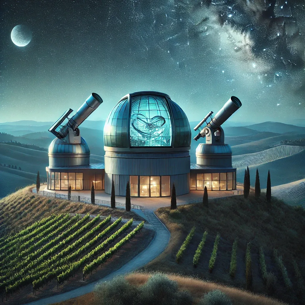 Illustration of a gleaming hilltop astronomical observatory with friendly robots.
