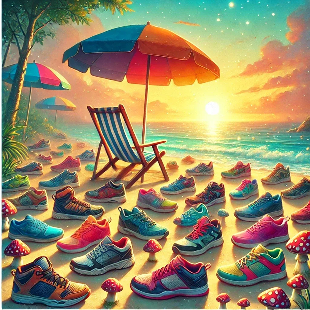 Illustration of colourful talking trainers coming to life in a shop window in summer.