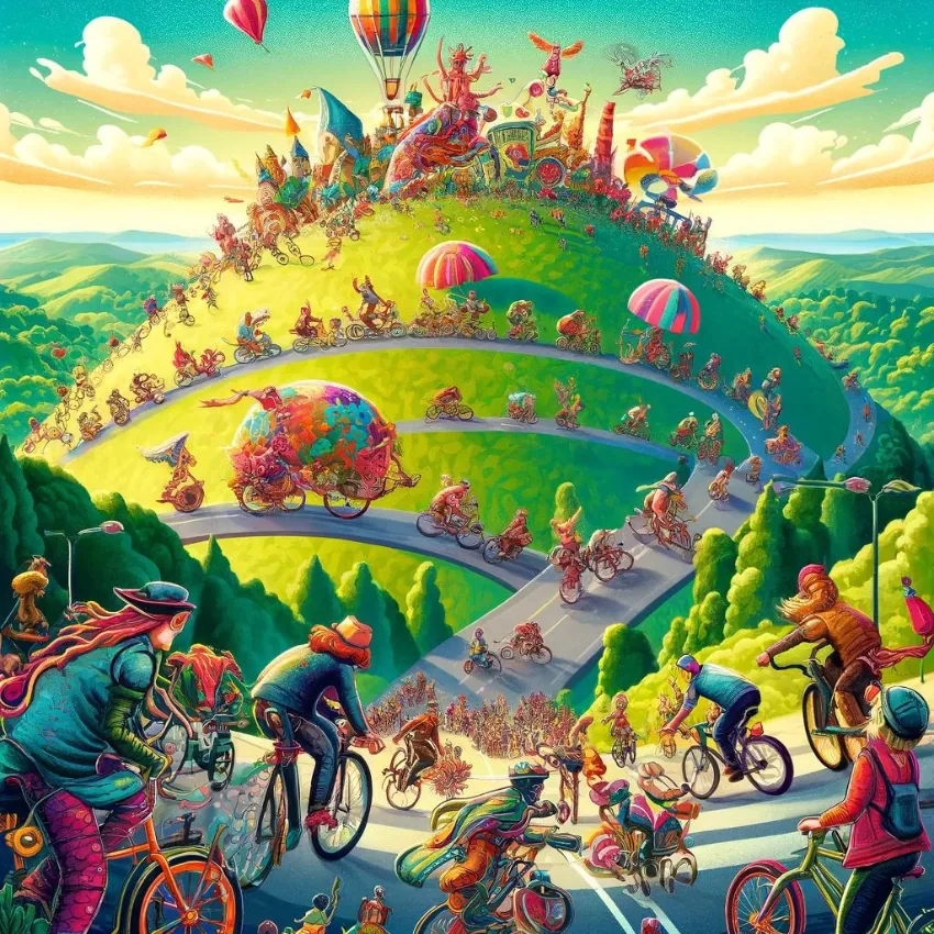 Illustration of townsfolk of all ages in a joyful bicycle race heading towards a starry sky.