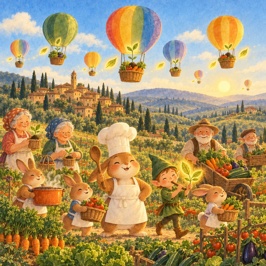 Illustration of Chef Padellino the rabbit with grandparents, an elf playing a pipe and hot-air balloons carrying vegetables and seedlings.