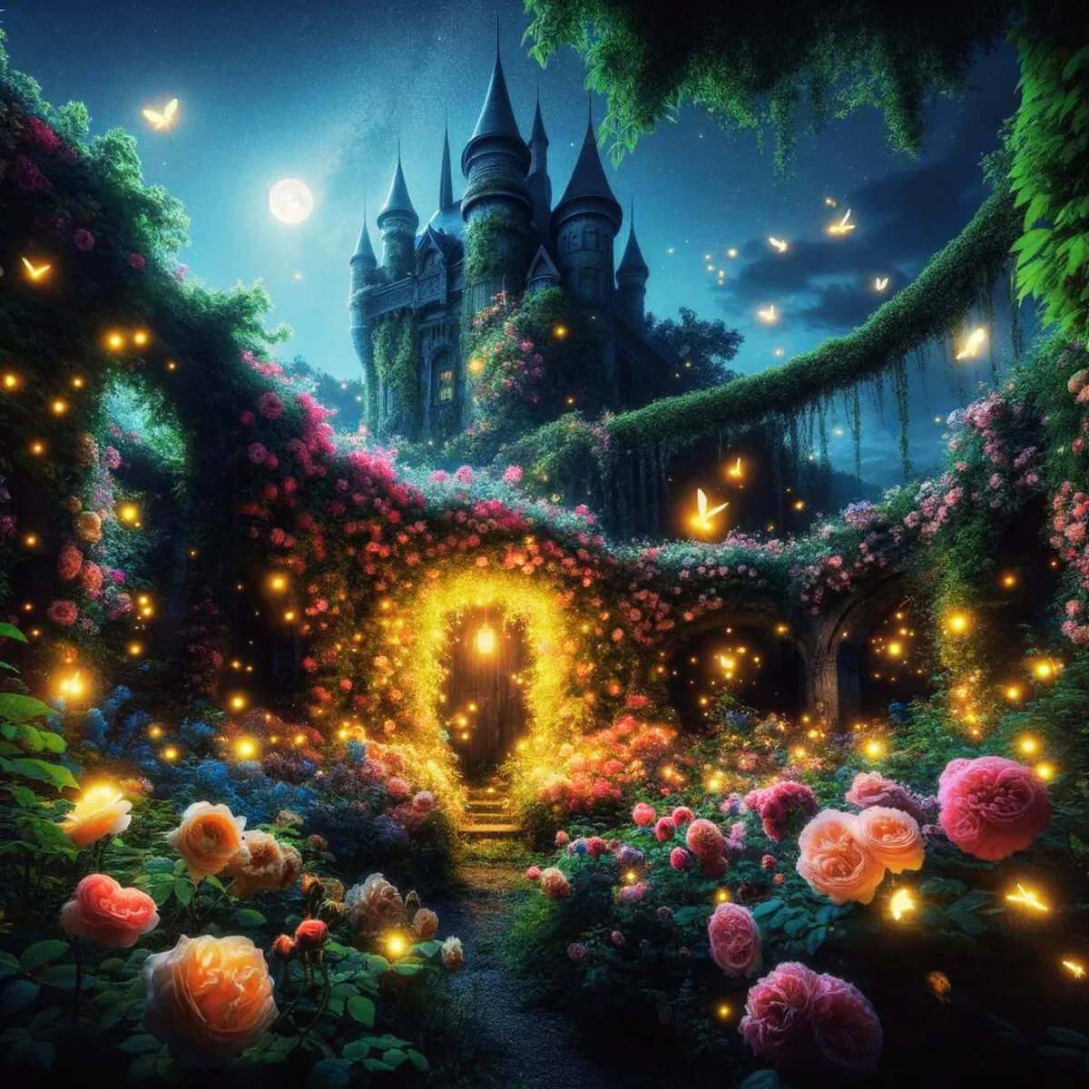 Illustration of glowing roses and fireflies exploring an enchanted castle at night.