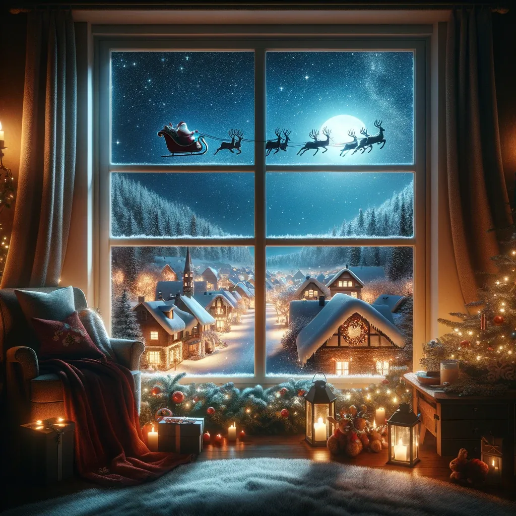 Illustration of a cosy Christmas scene with snowy mountains and Father Christmas by a fireplace window.