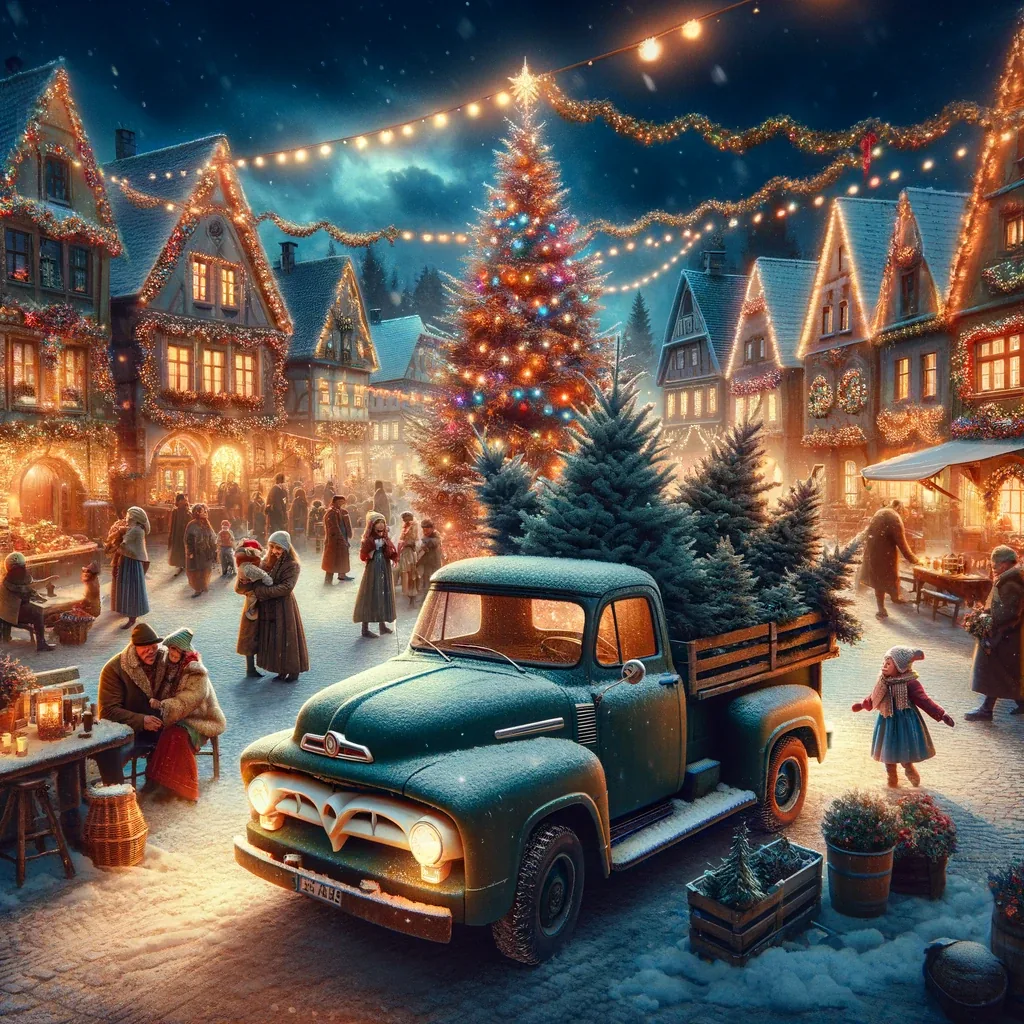 Illustration of an old pickup truck loaded with fir trees in a snowy mountain village square.