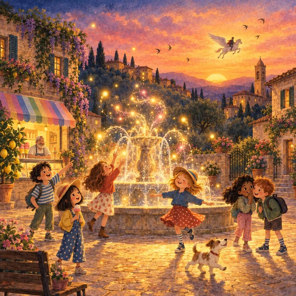 Illustration of children playing by a magic fountain in a square at sunset, beside a gelateria with a rainbow awning, and a knight on a winged horse in the sky.