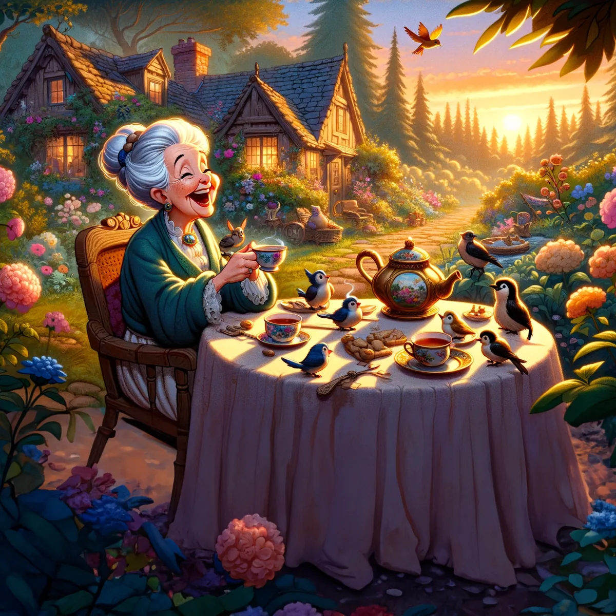 Illustration of a cheerful, scatterbrained grandmother walking through the woods with birds.