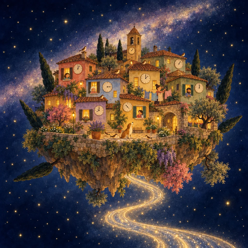Illustration of the flying village of Ficulle, its houses dotted with clocks, floating among the stars of the Milky Way.