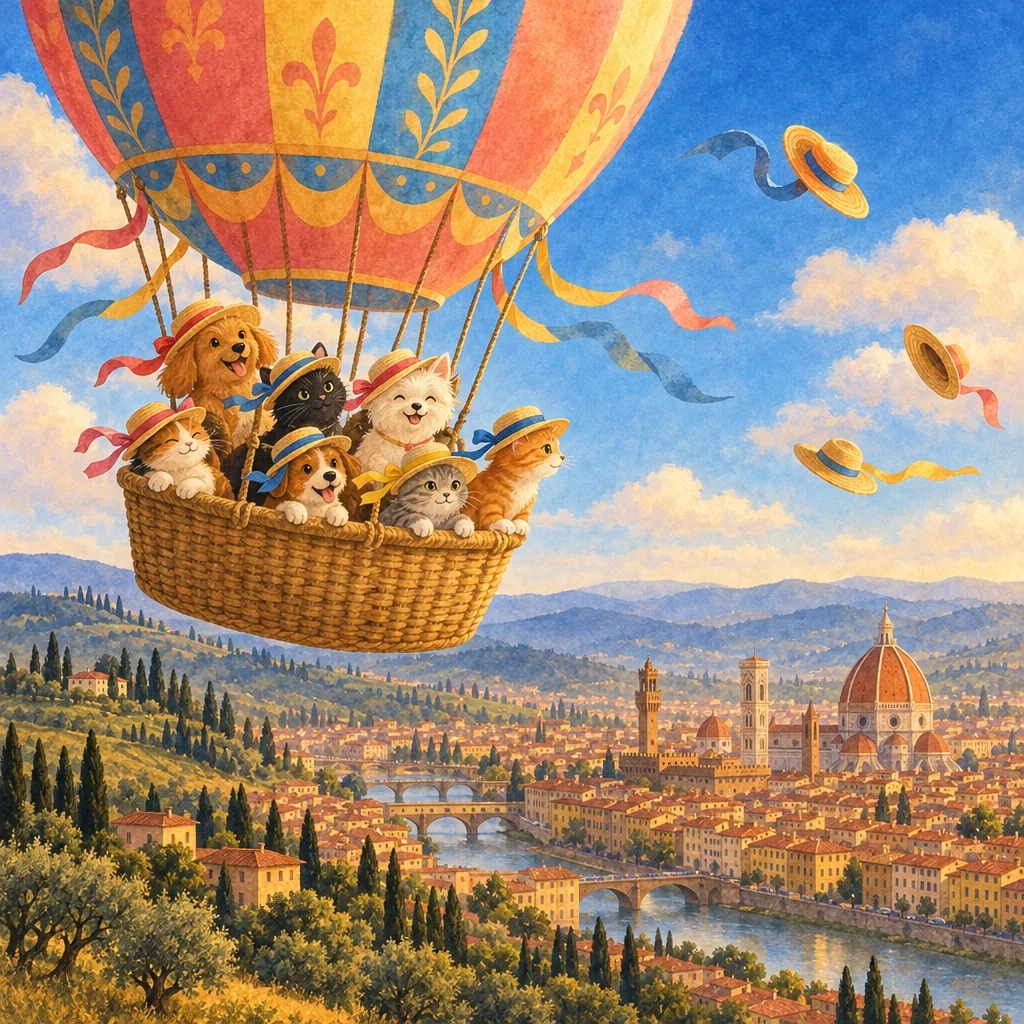 Illustration of animals in straw hats riding a hot-air balloon over Florence, with more straw hats flying on the wind.