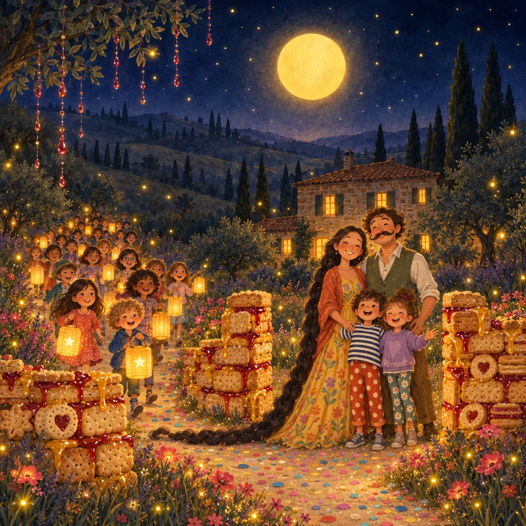 Illustration of a garden at night walled with biscuits, honey and jam, where a family welcomes children carrying lanterns.