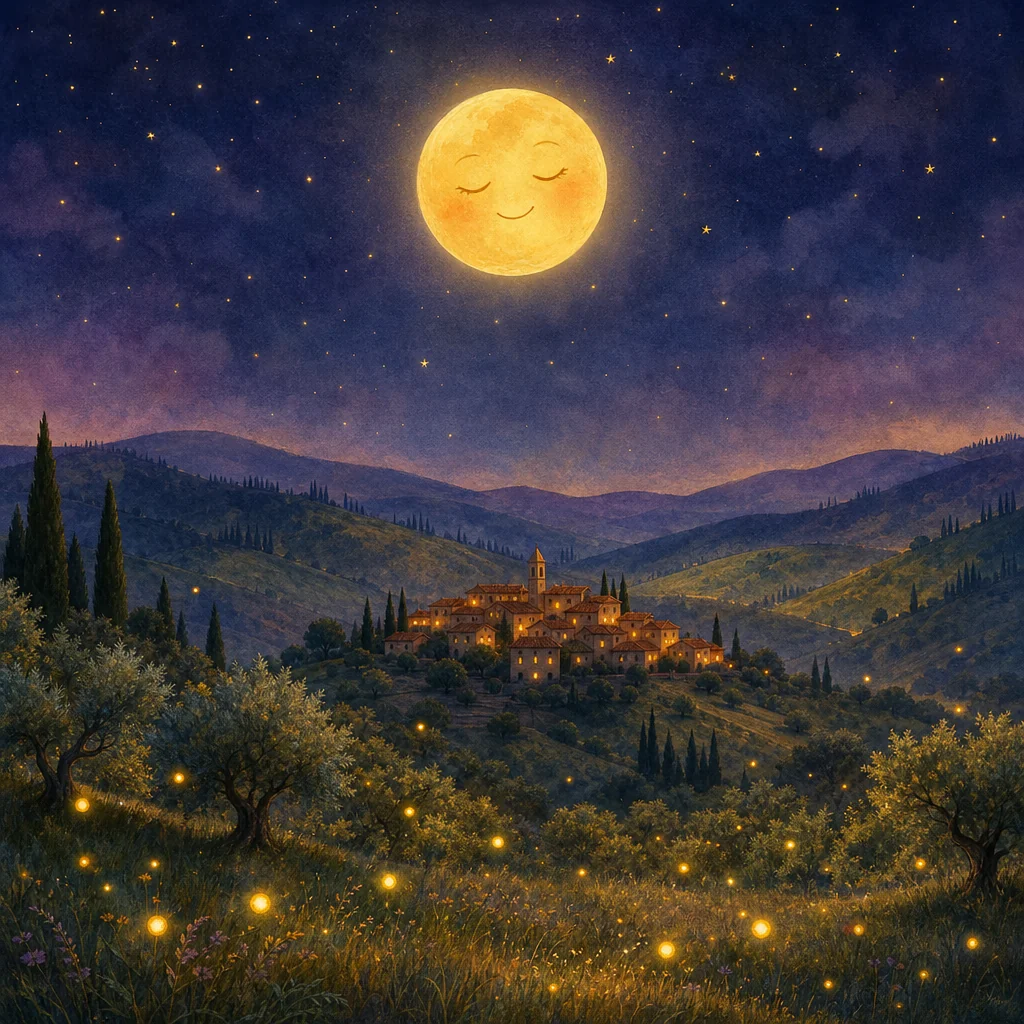 Illustration of a smiling full moon over moonlit Tuscan hills, a hilltop village and fireflies in the olive groves.